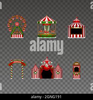 Set von weihnachten Kirmes Elemente. Isoliertes Karussell, Stall, Riesenrad, Schild, Zirkus und Tickets Stand. christmas luna Park Stock Vektor
