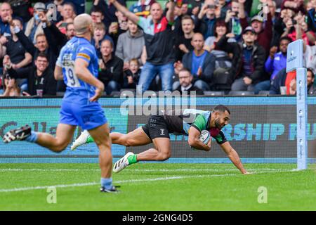 LONDON, GROSSBRITANNIEN. 25. September 2021. Während der Gallagher Premiership Rugby Runde 2 Spiel zwischen Harlequins gegen Worcester Warriors im Stoop Stadium am Samstag, 25. September 2021. LONDON, ENGLAND. Kredit: Taka G Wu/Alamy Live Nachrichten Stockfoto