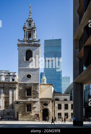 London, Pfarrkirche St. Stephen Walbrook, Pfarrkirche 1672-87 von Christopher Wren, Turmgeschosse 15. Jhd. Stockfoto