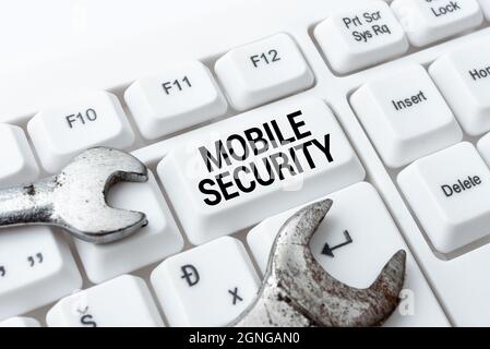 Handschriftschild Mobile Security. Internet-Konzept Schutz von Mobiltelefonen vor Bedrohungen und Schwachstellen Internet-Browsing und Online-Recherche Stockfoto