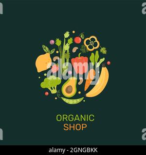 Bio-Shop-Banner mit Cartoon-Gemüse, Beeren, Obst. Stock Vektor