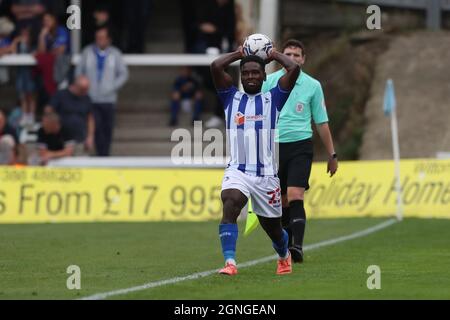 HARTLEPOOL, GROSSBRITANNIEN. 25. SEPTEMBER: Zaine Francis-Angol von Hartlepool United während des Sky Bet League 2-Spiels zwischen Hartlepool United und Exeter City am Samstag, den 25. September 2021, im Victoria Park, Hartlepool. (Kredit: Mark Fletcher | MI News) Kredit: MI Nachrichten & Sport /Alamy Live News Stockfoto