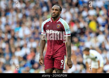 Leeds, Großbritannien. September 2021. Michail Antonio #9 von West Ham United während des Spiels in Leeds, Vereinigtes Königreich am 9/25/2021. (Foto von James Heaton/News Images/Sipa USA) Quelle: SIPA USA/Alamy Live News Stockfoto