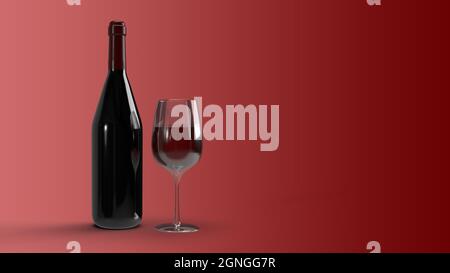 Eine Flasche und ein Glas Rotwein auf dunkelrotem Hintergrund, 3D-Rendering Stockfoto