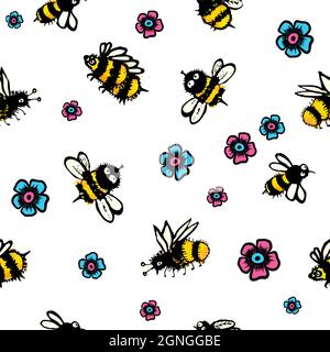 Nahtlose fröhliche Hintergrund mit Blumen und Bienen. Vektorgrafik Stock Vektor