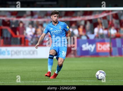 Elliot Watt von Bradford während der Sky Bet League zwei Spiel zwischen Crawley Town und Bradford City im People's Pension Stadium , Crawley , Großbritannien - 25. September 2021. Nur für redaktionelle Zwecke. Keine Verkaufsförderung. Für Football-Bilder gelten Einschränkungen für FA und Premier League. Keine Nutzung des Internets/Handys ohne FAPL-Lizenz - für Details wenden Sie sich an Football Dataco Stockfoto