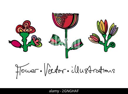 Set von Vektor-Illustrationen der Fantasie bunten Blumen mit einer Inschrift. Stock Vektor