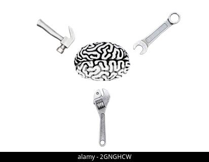 Menschliches Gehirnmodell aus Stahl mit einem Satz von Handwerkzeugen isoliert auf weiß. Gekonnte Werkzeuge nutzen das Konzept. Stockfoto
