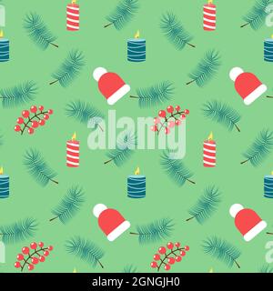 Weihnachtliches nahtloses Muster mit Hut, Kerzen, Beeren und Kiefernzweig. Festlicher Hintergrund für das Design der Winterferien Stock Vektor