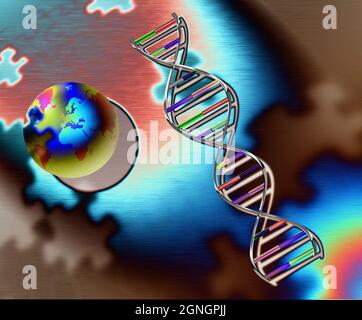 Planet Erde und DNA-Strang. 3D-Rendering Stockfoto