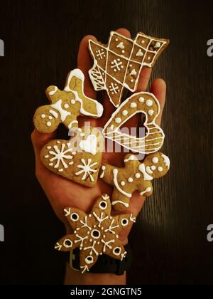 Hand halten Lebkuchenherzen, weihnachtsbaum, Elfen und Schneeflocke mit weißer Glasur in Neujahr-Muster verziert Stockfoto