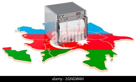 Erdbeben in Aserbaidschan, Konzept. Seismograph auf der aserbaidschanischen Karte. 3D-Rendering auf weißem Hintergrund isoliert Stockfoto