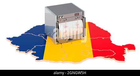 Erdbeben in Rumänien, Konzept. Seismograph auf der rumänischen Karte. 3D-Rendering auf weißem Hintergrund isoliert Stockfoto