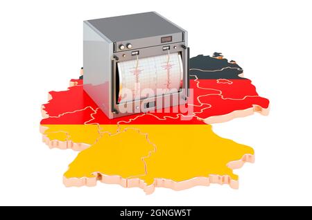 Erdbeben in Deutschland, Konzept. Seismograph auf der deutschen Karte. 3D-Rendering auf weißem Hintergrund isoliert Stockfoto