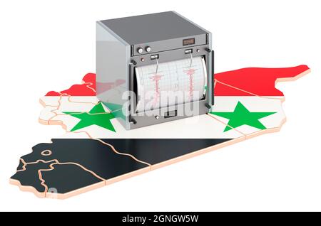 Erdbeben in Syrien, Konzept. Seismograph auf der syrischen Karte. 3D-Rendering auf weißem Hintergrund isoliert Stockfoto