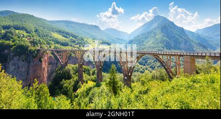 Panoramablick auf die Djurdjevica-Brücke über den Fluss Tara am Morgen. Heller Sommermorgen in Montenegro, Europa. Schöne Welt der mediterranen Gräfin Stockfoto