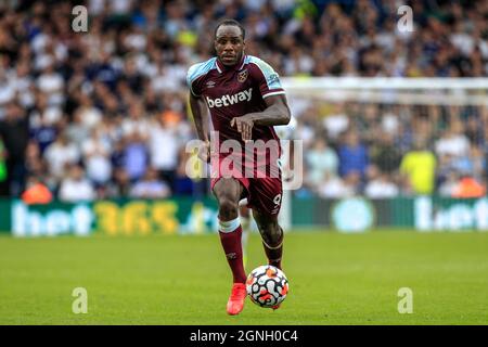 Leeds, Großbritannien. September 2021. Michail Antonio #9 von West Ham United am Ball in Leeds, Vereinigtes Königreich am 9/25/2021. (Foto von James Heaton/News Images/Sipa USA) Quelle: SIPA USA/Alamy Live News Stockfoto