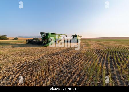 John Deere Mähdrescher, die auf einem landwirtschaftlichen Feld in Idaho, USA, geparkt sind Stockfoto