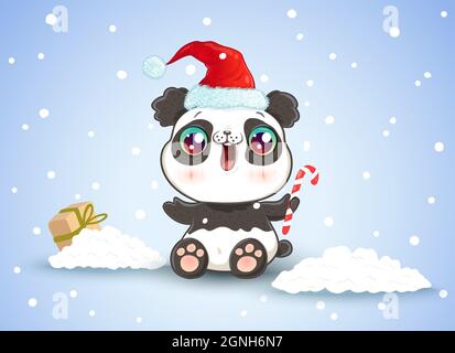 Vektor-Illustration eines niedlichen Pandas in Santa Hut. Panda auf Schnee im Kawaii-Stil zu Weihnachten Stock Vektor