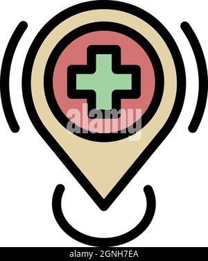 Symbol für den Krankenhausstandort. Kontur des Vektorsymbols für den Krankenhausstandort flach isoliert Stock Vektor