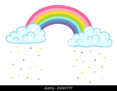 Vektordarstellung eines Regenbogens mit Wolken im Kawaii-Stil. Wolken mit Konfetti und Regenbogen. Stock Vektor