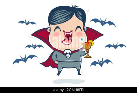 Vektor-Illustration eines Vampirs im Kawaii-Stil. Illustration eines niedlichen Kindes im Dracula Kostüm. Halloween Monster Stock Vektor