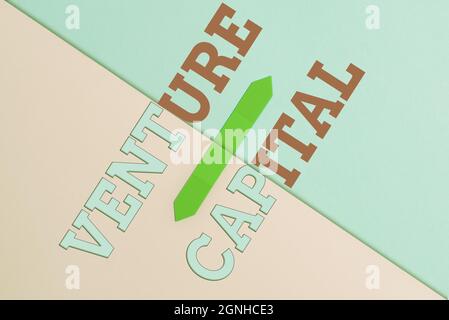 Konzeptdarstellung Venture Capital. Konzeptuelles Fotokapital investierte in ein Projekt, in dem zwei nach innen gerichtete Objekte gefährdet sind Stockfoto