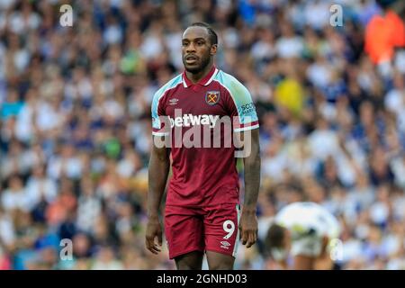 Leeds, Großbritannien. September 2021. Michail Antonio #9 von West Ham United während des Spiels in Leeds, Vereinigtes Königreich am 9/25/2021. (Foto von James Heaton/News Images/Sipa USA) Quelle: SIPA USA/Alamy Live News Stockfoto