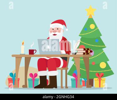 Lächelnder Weihnachtsmann sitzt in seinem Büro und arbeitet an einem Laptop - Vektor-Flat-Design-Illustration. Stock Vektor