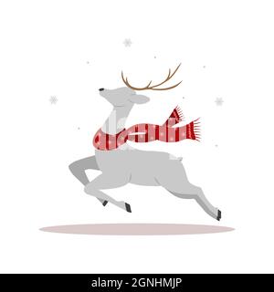 Weihnachtsrentiere im Schal. Niedlicher Hirsch mit Geweih. Design-Element für den Winter. Vektor-Illustration im flachen Cartoon-Stil Stock Vektor
