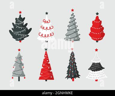 Satz von grauen und roten weihnachtsbaum-Symbolen. Xmas Symbol, einfache Piktogramm-Sammlung. Design-Element für die Wintersaison. Neues Jahr Silhouette Zeichen. Vektor Stock Vektor