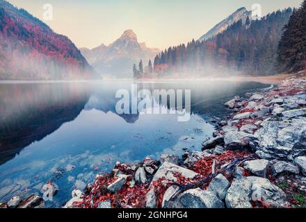 Nebliger Herbstaufgang am Obersee, Lage im Dorf Nafels. Perfekte Morgenszene der Schweizer Alpen, Kanton Glarus in der Schweiz, Europa. Die Schönheit von Stockfoto