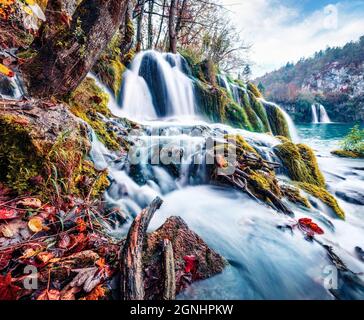 Fabelhafte Aussicht auf den Wasserfall mit reinem Wasser im Plitvice National Park am Morgen. Exotische Herbstszene von Kroatien, Europa. Schönheit der Natur Konzept Hintergrund.