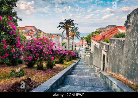 Farbenfrohe Morgenansicht des berühmten Fort Bokar in der Stadt Dubrovnik. Aufregendes Sommer-Stadtbild von Kroatien, Europa. Schöne Welt der mediterranen Gräfin Stockfoto
