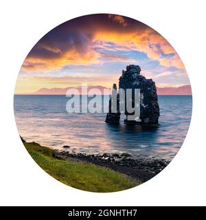 Runde Ikone der Natur mit Landschaft. Riesige Basaltstapel Hvtserkur am östlichen Ufer der Halbinsel Vatnsnes. Farbenfrohe Sommersonnenaufgänge in Island, E Stockfoto