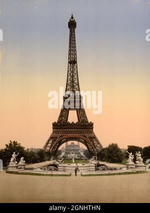 Eiffelturm, Vollansicht, Blick auf den Palais du Trocadéro, Paris, Frankreich ca. 1890-1900, von der Champs de Mars Stockfoto
