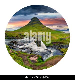 Runde Ikone der Natur mit Landschaft. Toller Sommersonnenaufgang auf dem berühmten Kirkjufellsfoss Wasserfall und dem Kirkjufell Berg. Dramatische Aussicht auf Isländer am Morgen Stockfoto