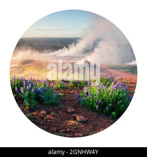 Runde Ikone der Natur mit Landschaft. Der Ausbruch des Großen Geysir liegt im Tal des Haukadalur an den Hängen des Laugarfjall. Nebliger Sommermorgen Stockfoto