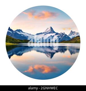 Runde Ikone der Natur mit Landschaft. Die Gipfel des Wetterhorns und des Wellhorns spiegeln sich in der Wasseroberfläche des Bachsees, Oberland Alpen, Standort Grindelwald, SW Stockfoto