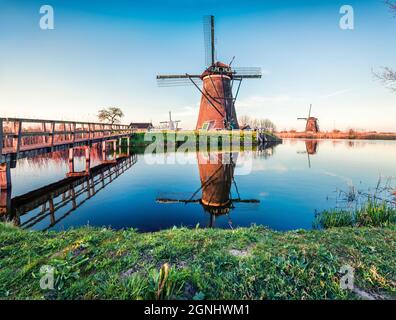 Berühmte Windmühlen im Kinderdijk Museum in Holland, UNESCO-Weltkulturerbe. Malerische Sommerszene der holländischen Landschaft, Niederlande, Europa. Tr Stockfoto
