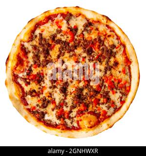 Isolierte Pizza mit Hackfleisch und Tomaten Stockfoto