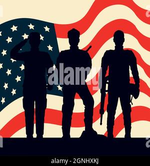 Militärische Silhouetten in der flagge der usa Stock Vektor