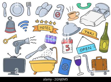 Hospitality Industrie Konzept Doodle handgezeichnete Set-Kollektionen mit flachen Umriss Stil Vektor-Illustration Stockfoto