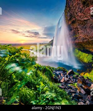 Populat Touristenattraktion - Seljalandsfoss, wo Touristen hinter den fallenden Gewässern spazieren können. Unglaubliche Sommerszene von Island, Europa. Die Schönheit von Stockfoto