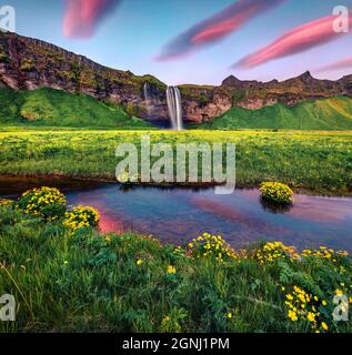 Dramatische Sommeransicht von Seljalandsfoss - wo Touristen hinter dem fallenden Wasser spazieren können. Erstaunlicher Sonnenaufgang in Island, Europa. Schönheit der Natur conce Stockfoto