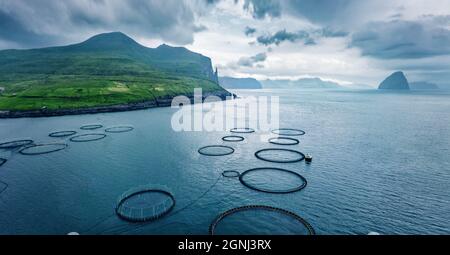 Blick von der fliegenden Drohne. Dramatische Sommerszene der Trollkonufingur-Klippen auf der Insel Vagar. Düstere Morgenansicht der Fischfarm am Stadtrand von Sandavagur V Stockfoto