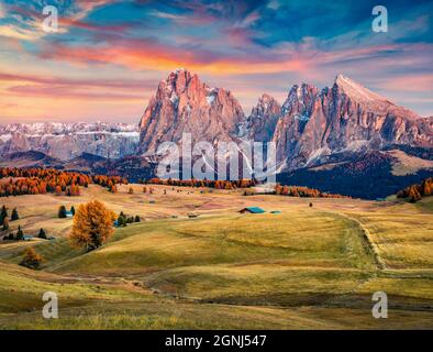 Erstaunlicher Sonnenaufgang auf der Seiser Alm-Hochebene mit Langkofel im Hintergrund. Schöner Herbstmorgen in den Dolomiten, O Stockfoto