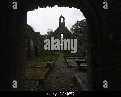 Auf dem Gelände der Monigaff (Minnigaff) Kirche oder Kirk, in der Nähe von Newton Stewart, Dumfries und Galloway. Die "neue" Kirche ist eine Kirche unter dem B-Denkmalschutz, die 1836 nach einem neugotischen Entwurf von William Burn erbaut wurde. Auf dem gleichen Gelände befinden sich die Ruinen der alten Kirche (hier innen abgebildet) mit entsprechenden Begräbnissen, die mit alten Grabsteinen markiert sind. Es wurde an der Stelle eines älteren motte- und bailey-Schlosses errichtet Stockfoto