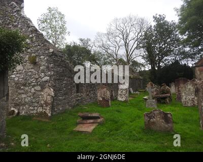 Auf dem Gelände der Monigaff (Minnigaff) Kirche oder Kirk, in der Nähe von Newton Stewart, Dumfries und Galloway. Die "neue" Kirche ist eine Kirche unter dem B-Denkmalschutz, die 1836 nach einem neugotischen Entwurf von William Burn erbaut wurde. Auf dem gleichen Gelände befinden sich die Ruinen der alten Kirche (hier abgebildet) mit den dazugehörigen Begräbnissen, die mit alten Grabsteinen markiert sind. Es wurde an der Stelle eines älteren motte- und bailey-Schlosses errichtet Stockfoto