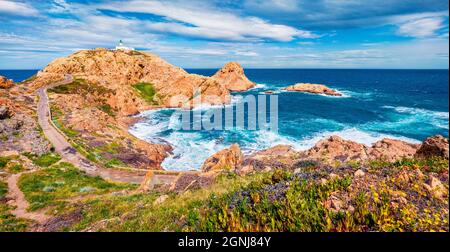 Sonniger Blick am Morgen auf das Kap Pietra mit dem Leuchtturm Phare de la Pietra im Hintergrund. Bunte Sommerszene von Korsika, Frankreich, Europa. Reisen Stockfoto